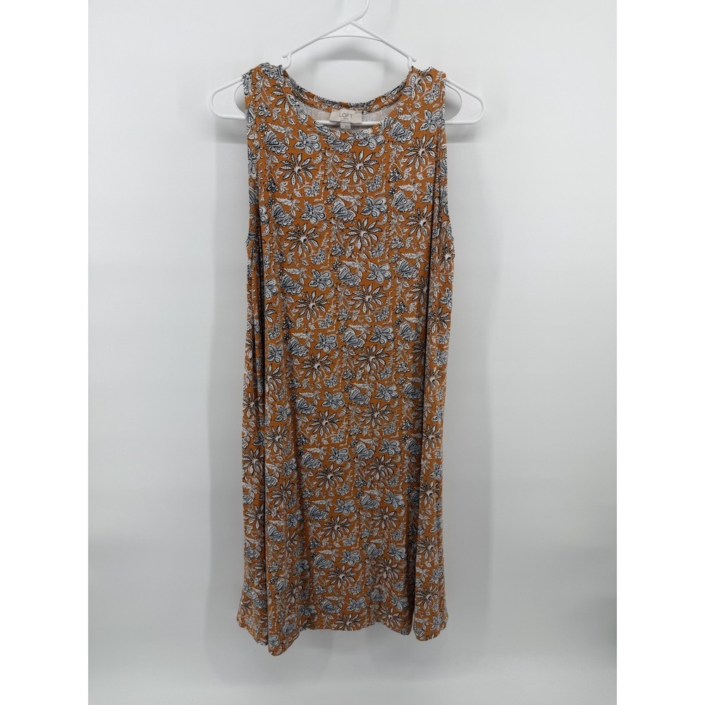 Loft Sleeveless Swing Dress Orange Blue White Floral Print Women L Summer Casual